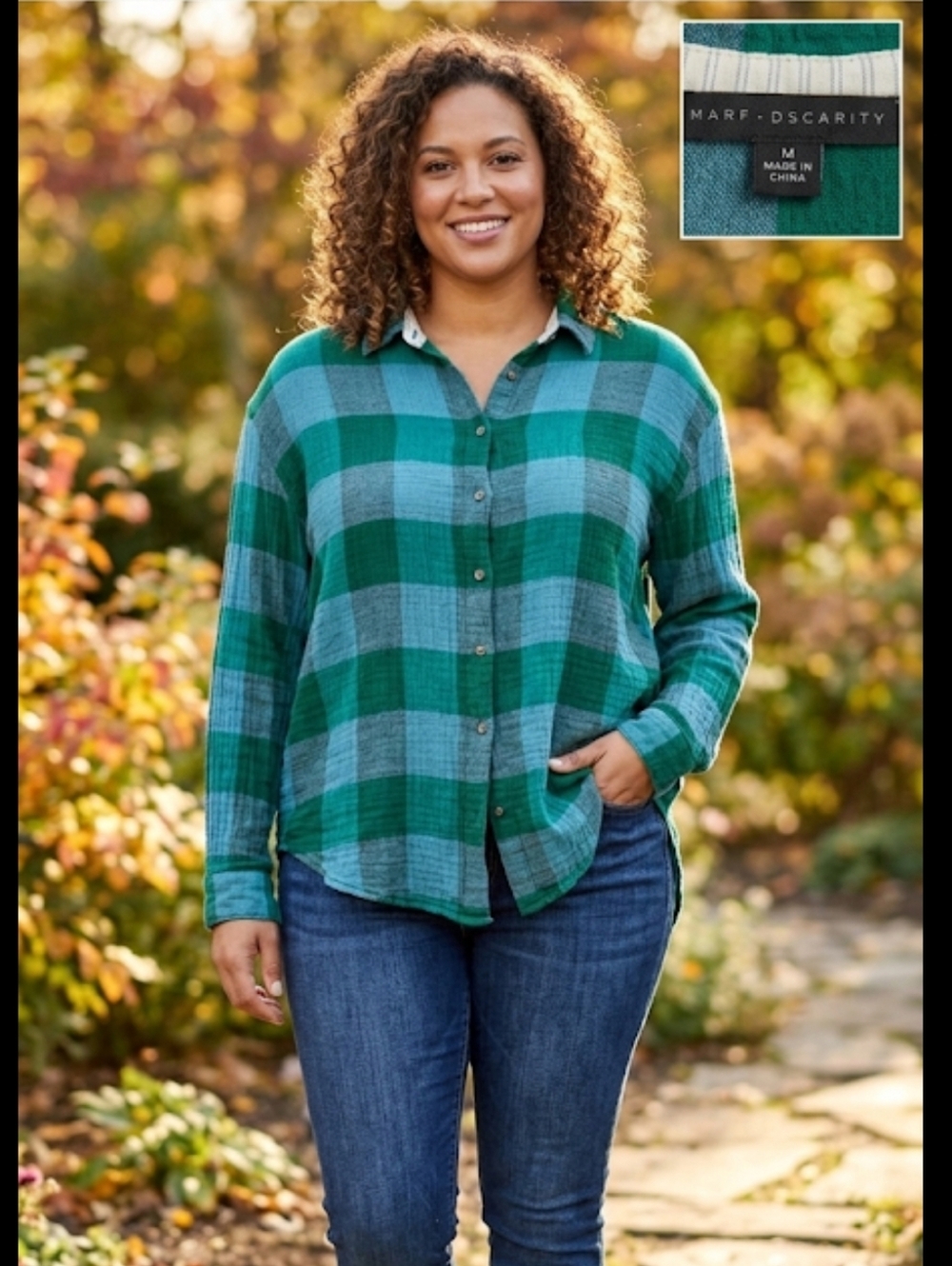 Jane + Delancey Teal and Green Plaid Button-Up Shirt Nature Girl Size Med Soft